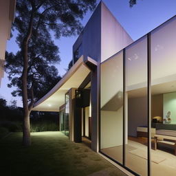 A modern house with sleek lines, large glass windows, and contemporary furnishings.