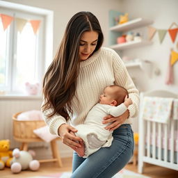 A beautiful Ukrainian woman with long, flowing dark hair, wearing a cozy pastel sweater and stylish jeans, is changing a diaper on a cute baby in a well-lit, cheerful nursery