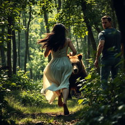 A dramatic scene in a dense forest where a woman is running swiftly through the trees, looking back in fear at a man pursuing her