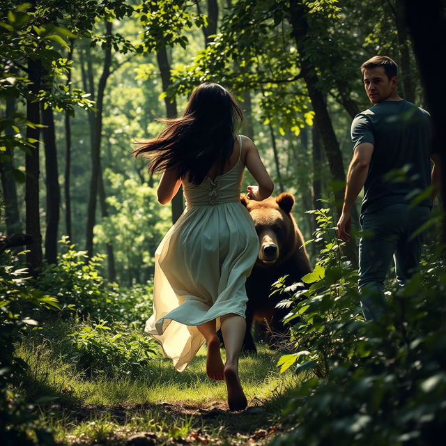 A dramatic scene in a dense forest where a woman is running swiftly through the trees, looking back in fear at a man pursuing her