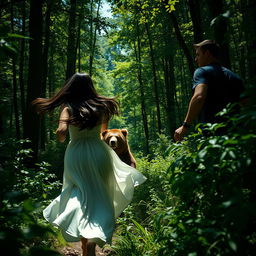 A dramatic scene in a dense forest where a woman is running swiftly through the trees, looking back in fear at a man pursuing her
