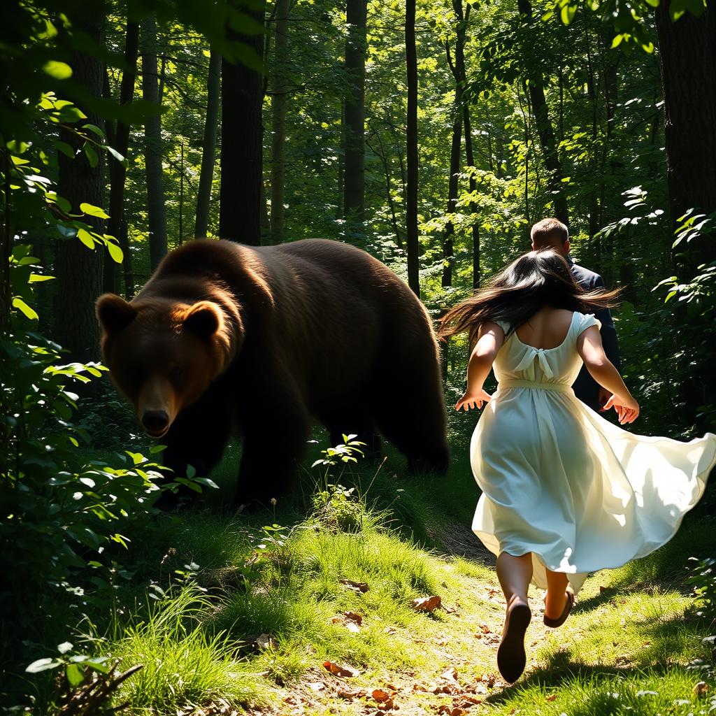 A dramatic scene in a dense forest where a woman is running swiftly through the trees, looking back in fear at a man pursuing her