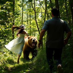 A dramatic scene in a dense forest where a woman is running swiftly through the trees, looking back in fear at a man pursuing her