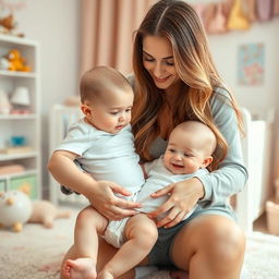 A beautiful Ukrainian woman gently changing a baby’s diaper, surrounded by a bright and cheerful nursery setting