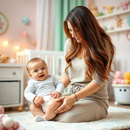 A beautiful Ukrainian woman gently changing a baby’s diaper, surrounded by a bright and cheerful nursery setting