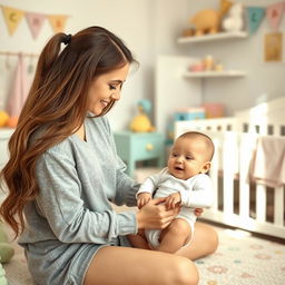 A beautiful Ukrainian woman gently changing a baby’s diaper, surrounded by a bright and cheerful nursery setting