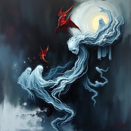 An abstract painting that represents the concept of death through the use of dark and moody colors, swirling shapes, and ghostly figures