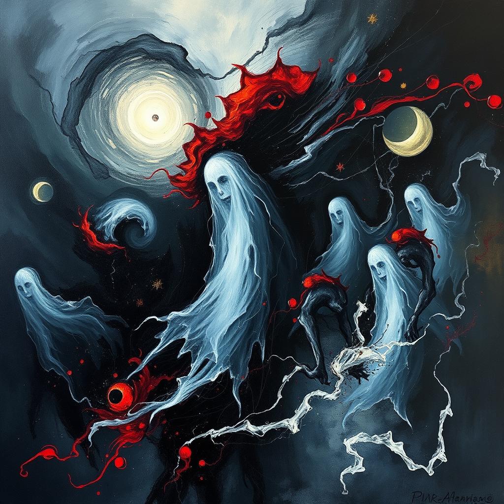 An abstract painting that represents the concept of death through the use of dark and moody colors, swirling shapes, and ghostly figures