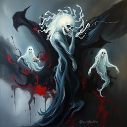 An abstract painting that represents the concept of death through the use of dark and moody colors, swirling shapes, and ghostly figures