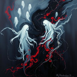 An abstract painting that represents the concept of death through the use of dark and moody colors, swirling shapes, and ghostly figures