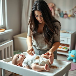 A beautiful Ukrainian woman with long dark hair, wearing a casual yet stylish outfit, is changing a very soiled baby diaper
