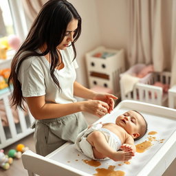 A beautiful Ukrainian woman with long dark hair, wearing a casual yet stylish outfit, is changing a very soiled baby diaper