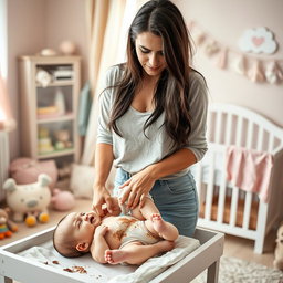 A beautiful Ukrainian woman with long dark hair, wearing a casual yet stylish outfit, is changing a very soiled baby diaper