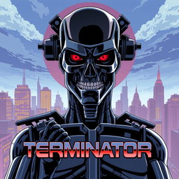 A reimagined version of the original Terminator movie poster, illustrated in the distinctive retro Japanese anime style of Kenshiro