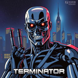 A reimagined version of the original Terminator movie poster, illustrated in the distinctive retro Japanese anime style of Kenshiro