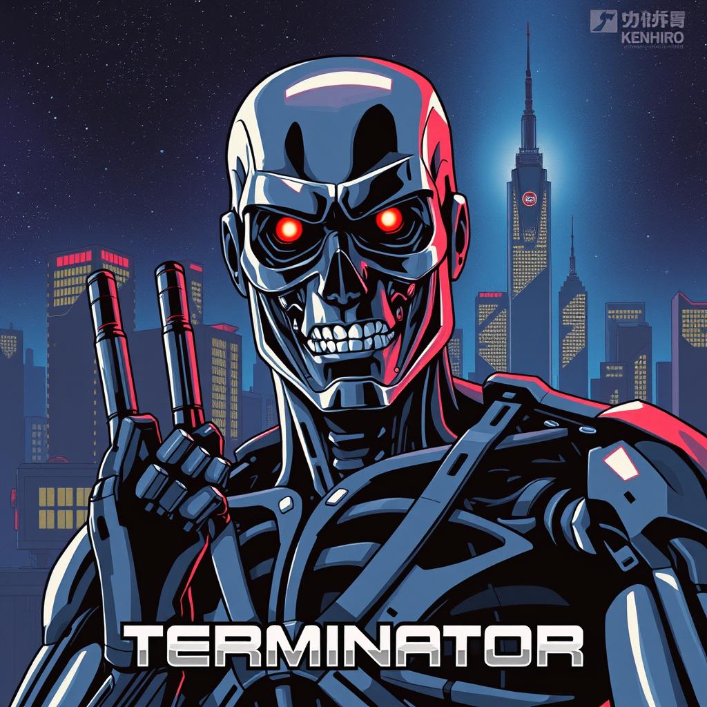A reimagined version of the original Terminator movie poster, illustrated in the distinctive retro Japanese anime style of Kenshiro