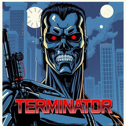 A reimagined version of the original Terminator movie poster, illustrated in the distinctive retro Japanese anime style of Kenshiro