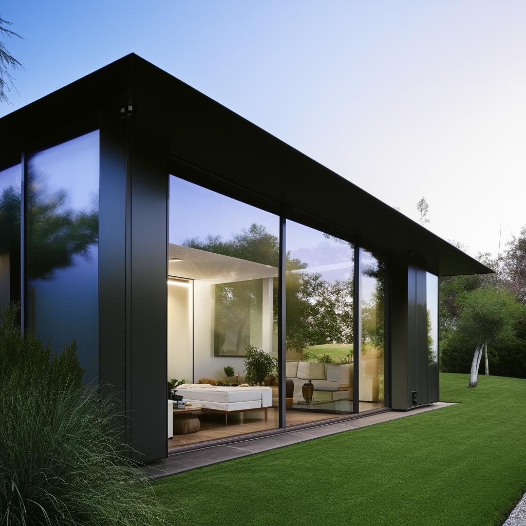 A modern house with sleek lines, large glass windows, and contemporary furnishings.