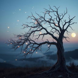 An ethereal depiction of 'Ashes of Hopes', featuring a delicate and whimsical scene set in a twilight landscape