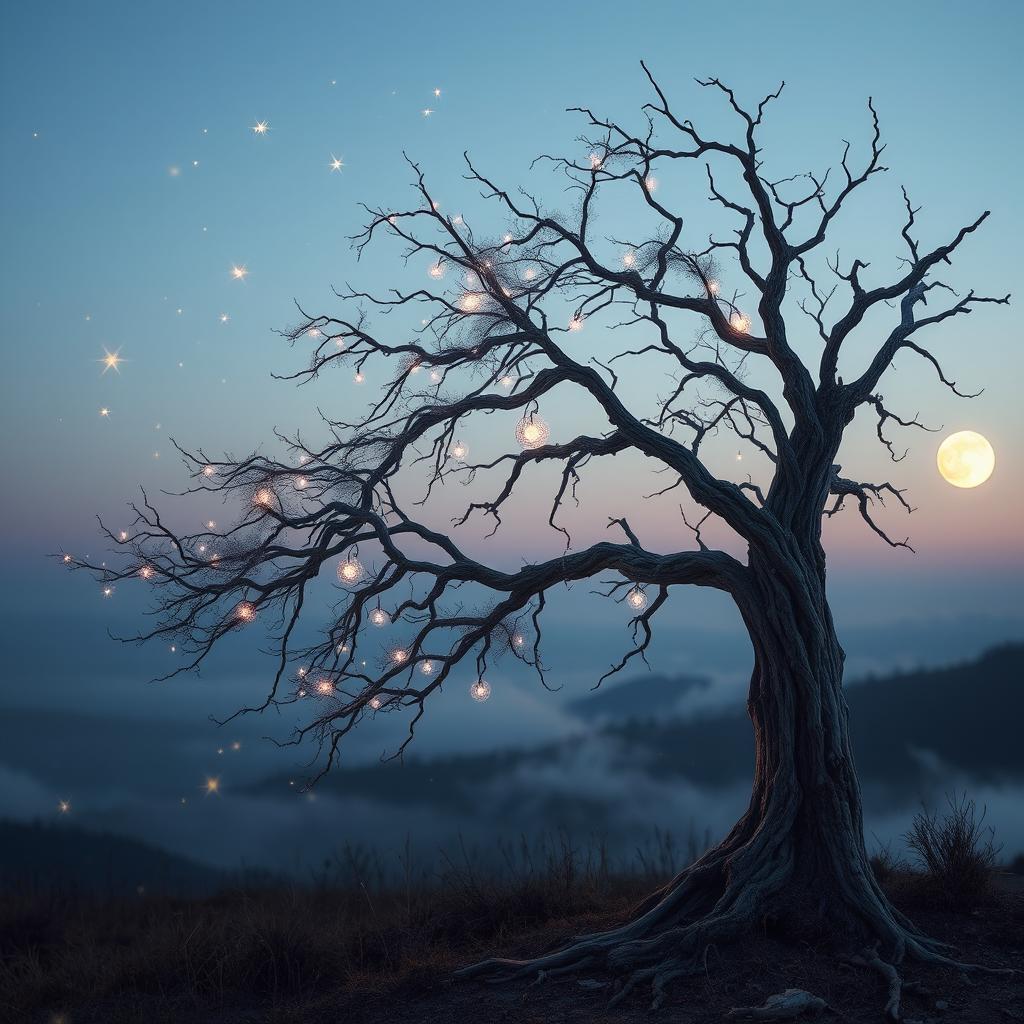 An ethereal depiction of 'Ashes of Hopes', featuring a delicate and whimsical scene set in a twilight landscape