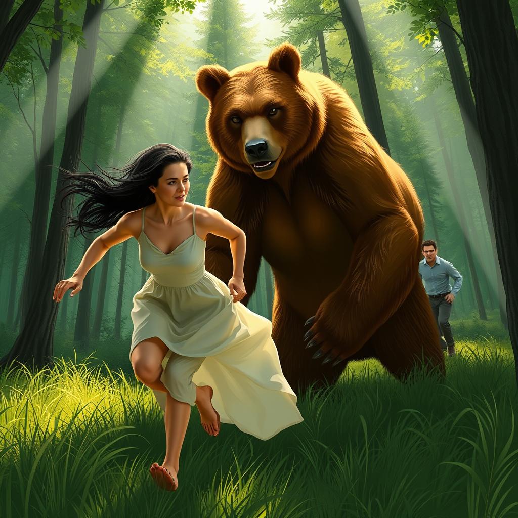 In an intense and suspenseful scene set in a lush, green forest, a woman is depicted running at full speed towards a large bear, which stands intimidatingly amidst the trees