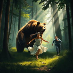 In an intense and suspenseful scene set in a lush, green forest, a woman is depicted running at full speed towards a large bear, which stands intimidatingly amidst the trees