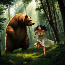 In an intense and suspenseful scene set in a lush, green forest, a woman is depicted running at full speed towards a large bear, which stands intimidatingly amidst the trees