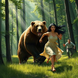 In an intense and suspenseful scene set in a lush, green forest, a woman is depicted running at full speed towards a large bear, which stands intimidatingly amidst the trees