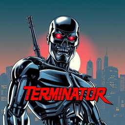 A reimagined version of the original Terminator movie poster, illustrated in the iconic retro Japanese anime style of Kenshiro