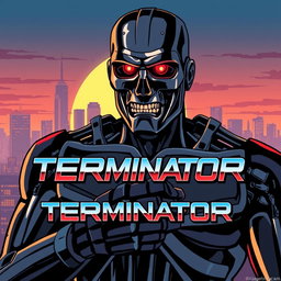 A reimagined version of the original Terminator movie poster, illustrated in the iconic retro Japanese anime style of Kenshiro