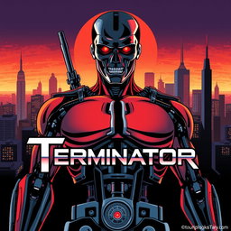 A reimagined version of the original Terminator movie poster, illustrated in the iconic retro Japanese anime style of Kenshiro