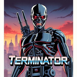 A reimagined version of the original Terminator movie poster, illustrated in the iconic retro Japanese anime style of Kenshiro