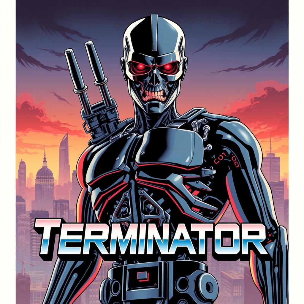 A reimagined version of the original Terminator movie poster, illustrated in the iconic retro Japanese anime style of Kenshiro