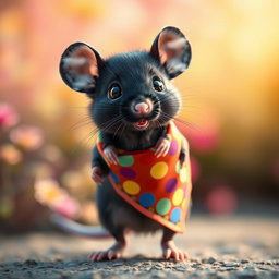 A cute black mouse wearing a colorful bandana around its neck, with a distinctive appearance that emphasizes its small size and playful nature