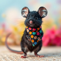 A cute black mouse wearing a colorful bandana around its neck, with a distinctive appearance that emphasizes its small size and playful nature