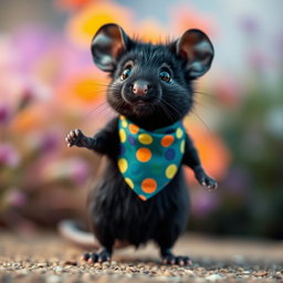 A cute black mouse wearing a colorful bandana around its neck, with a distinctive appearance that emphasizes its small size and playful nature