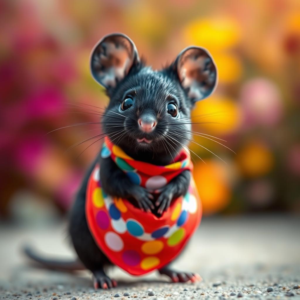 A cute black mouse wearing a colorful bandana around its neck, with a distinctive appearance that emphasizes its small size and playful nature