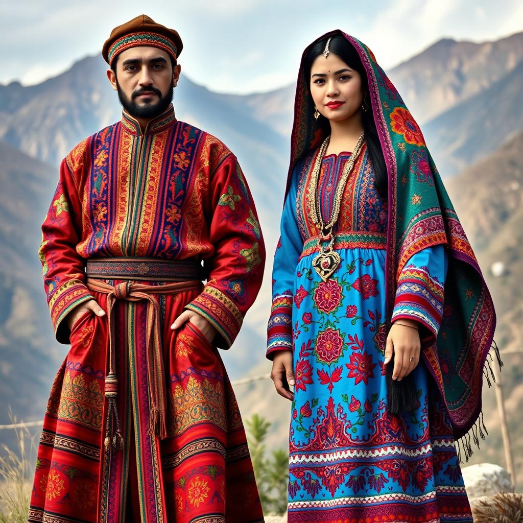 A vibrant depiction of traditional old Kurdish clothing, showcasing a rich variety of colors and intricate patterns