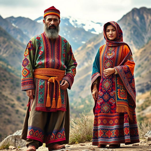 A vibrant depiction of traditional old Kurdish clothing, showcasing a rich variety of colors and intricate patterns