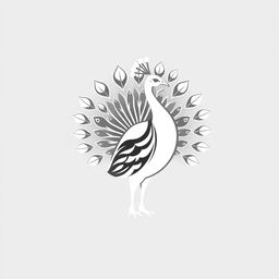 A logo brand design featuring a peacock with its stunning tail fully spread, intricately illustrated in black and white