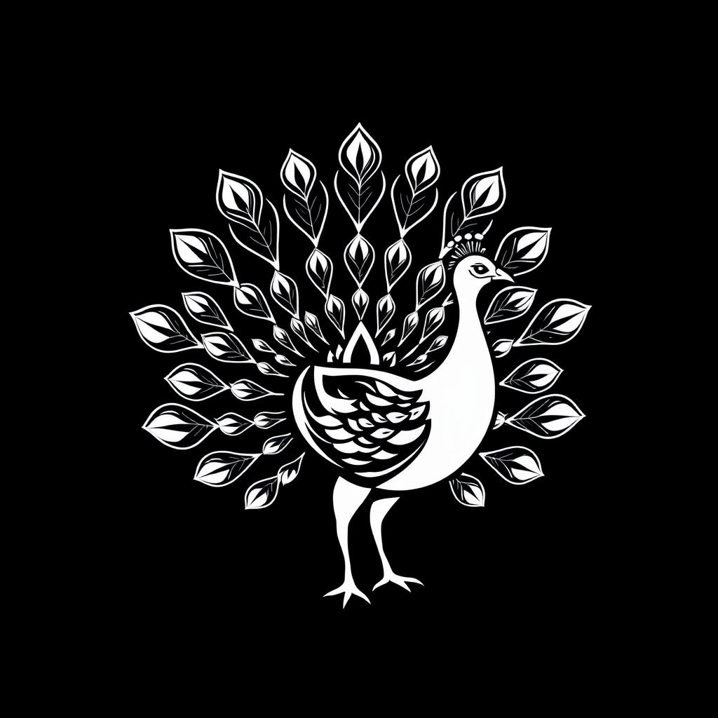 A logo brand design featuring a peacock with its stunning tail fully spread, intricately illustrated in black and white