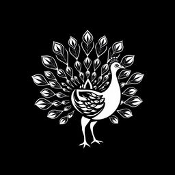 A logo brand design featuring a peacock with its stunning tail fully spread, intricately illustrated in black and white