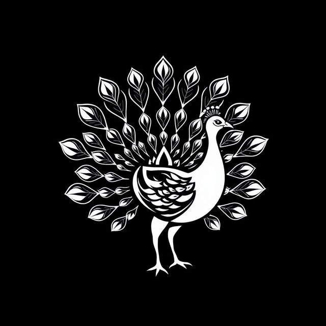 A logo brand design featuring a peacock with its stunning tail fully spread, intricately illustrated in black and white