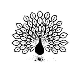 A logo brand design featuring a peacock with its stunning tail fully spread, intricately illustrated in black and white