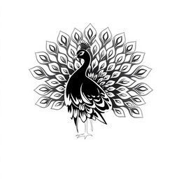A logo brand design featuring a peacock with its stunning tail fully spread, intricately illustrated in black and white