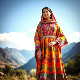 A stunning fashion showcase of traditional Kurdish clothing, featuring a vibrant and intricate design with beautiful embroidery, rich colors, and unique patterns