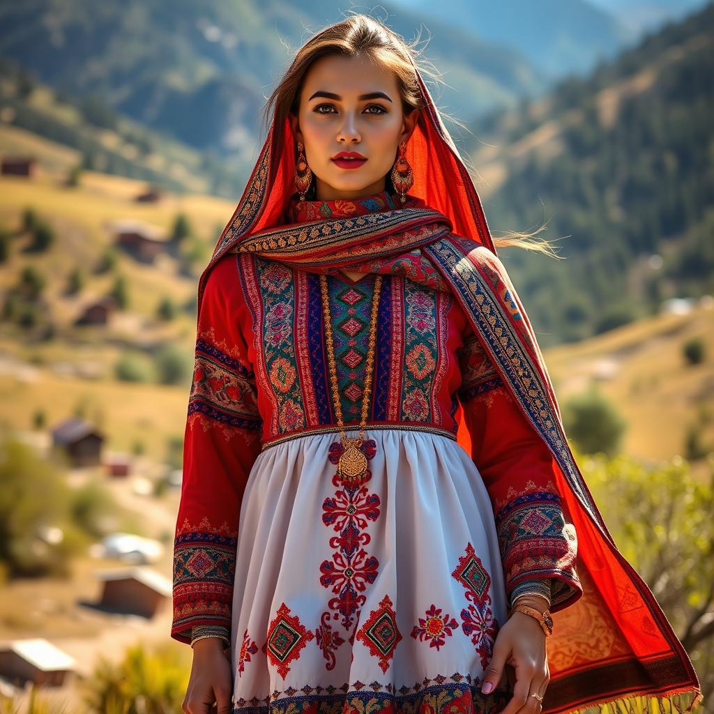 A stunning fashion showcase of traditional Kurdish clothing, featuring a vibrant and intricate design with beautiful embroidery, rich colors, and unique patterns