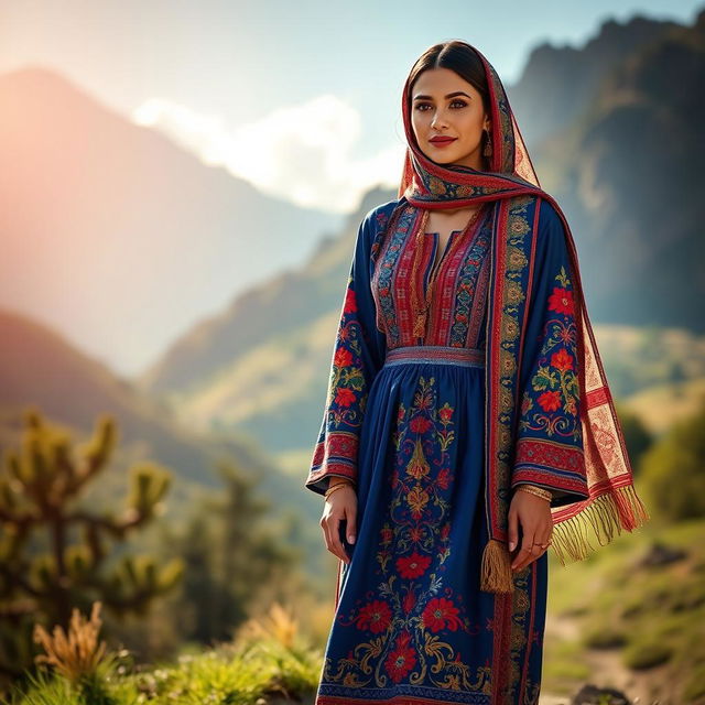 A stunning fashion showcase of traditional Kurdish clothing, featuring a vibrant and intricate design with beautiful embroidery, rich colors, and unique patterns