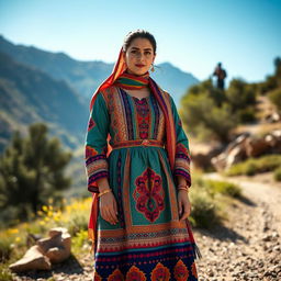 A stunning fashion showcase of traditional Kurdish clothing, featuring a vibrant and intricate design with beautiful embroidery, rich colors, and unique patterns