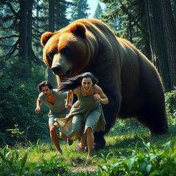 In a tense and gripping scene set in a verdant forest, a woman is depicted sprinting away from a man who is hot on her heels, determination etched on his face